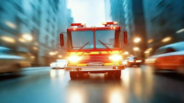 A red fire truck with flashing lights drives through a city street. The scene is blurred, suggesting high speed. Skyscrapers are visible in the background.