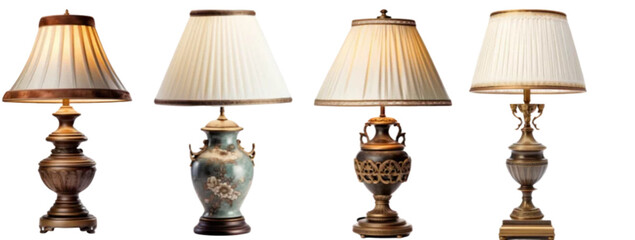 A collection of four vintage table lamps with different bases and pleated lamp shades displayed together