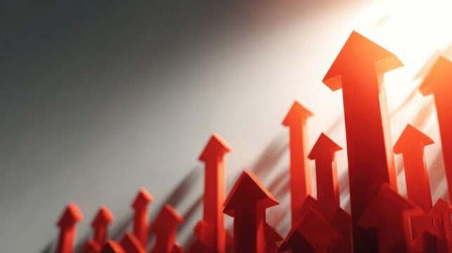 Dynamic 3D illustration of multiple red arrows pointing upward on a dark background with bright highlights symbolizing business growth, financial success and upward trends in economic charts
