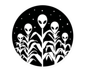A black and white graphic of aliens in a cornfield inside a circle with stars in the background isolated white background