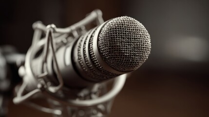 Close-up of professional studio microphone with shallow depth of field and warm lighting perfect for podcast branding, audio recording promotion, voiceover visuals and broadcast-related content