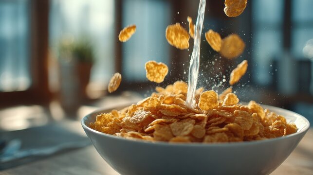 Splashing milk poured over crunchy corn flakes in a bright sunlit kitchen creating a dynamic breakfast scene ideal for healthy morning food promotions, cereal packaging and lifestyle visuals