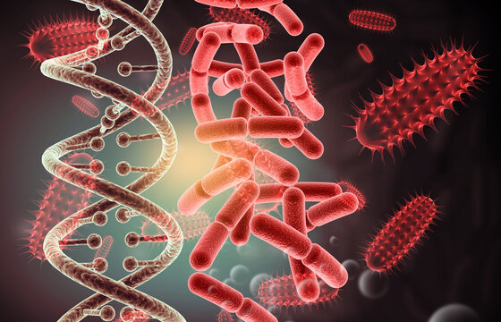 DNA strand with virus bacteria on scientific background. 3d illustration.