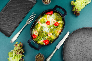 Freshly baked broccoli and prawns.