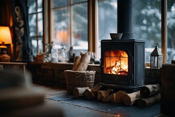 Cozy winter cabin interior with wood-burning stove