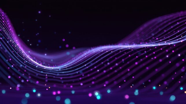 Purple background with glowing colorful dots and smooth wavy lines, creating a digital mesh and tech flow effect with soft network grid curves