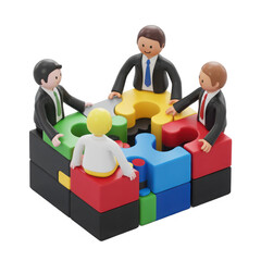 Businesspeople assembling colorful puzzle pieces isolated on transparent background