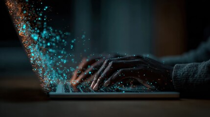 Close-up of hands typing on keyboard with digital particles dispersing into air symbolizing data flow, cybersecurity and creative coding perfect for IT visuals, programming themes and tech innovation 