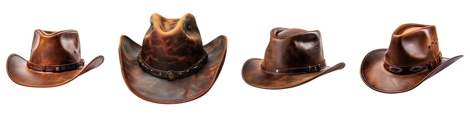 Collection of cowboy leather hats, isolated on a transparent background