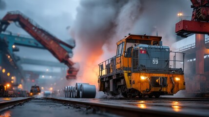 Heavy steel production action in industrial factory metal manufacturing environment urban viewpoint