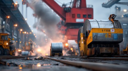 Heavy machinery in steel production industrial factory environment manufacturing process urban landscape