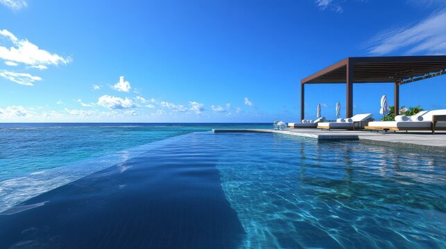 Infinity pool overlooking a pristine beach, cabanas and tropical drinks nearby, pure indulgence and summer relaxation