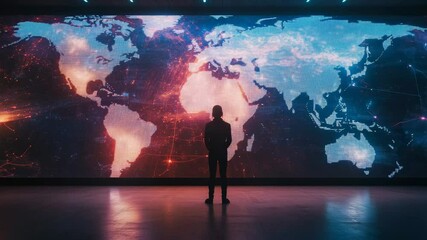Professional executive analyzing global strategy on large digital screen, contemplating international business expansion with strategic vision and market driven approach - Powered by Adobe