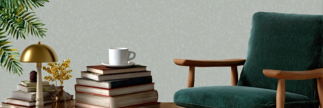 bookstore web banner, whimsical web banner with sage green background, watercolor book stacks, reading chair, coffee cup, and lamp motifs for bookstore website header
