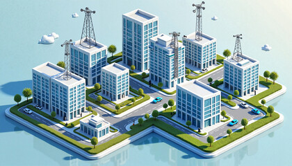 3D isometric urban development illustration featuring buildings and construction cranes