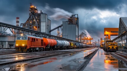 Steel manufacturing production action in industrial factory environment with metal trains at a dynamic location