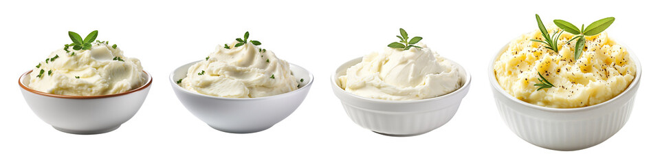 Collection of cream cheese mashed potatoes, isolated on a transparent background
