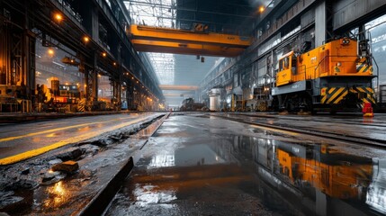 Steel manufacturing action at industrial factory metal production in urban environment wide-angle viewpoint