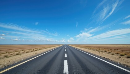 Naklejka premium Expansive Empty Road Stretching into Clear Blue Sky with Limited Vegetation Alongside