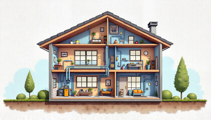 Stylized cutaway house illustration showcasing interior design and cozy living spaces