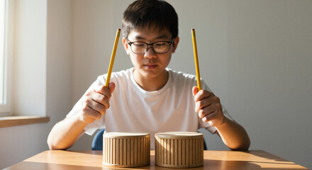 Young boy drumming with pencils on homemade drums indoors  