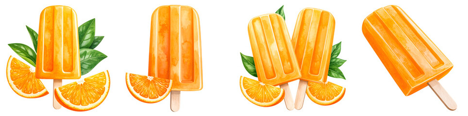 Watercolor illustration of a vibrant orange popsicle, complete with orange slice and leaves Transparent background PNG set