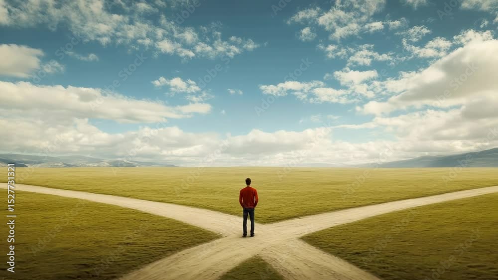 Poster Multiple views of a man standing at a crossroads, contemplating different paths, symbolizing choices, decisions, and the challenge of selecting the best option