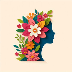 Silhouette of a female head with colorful paper flowers and leaves arranged as hair on a beige background, symbolizing creativity and nature.