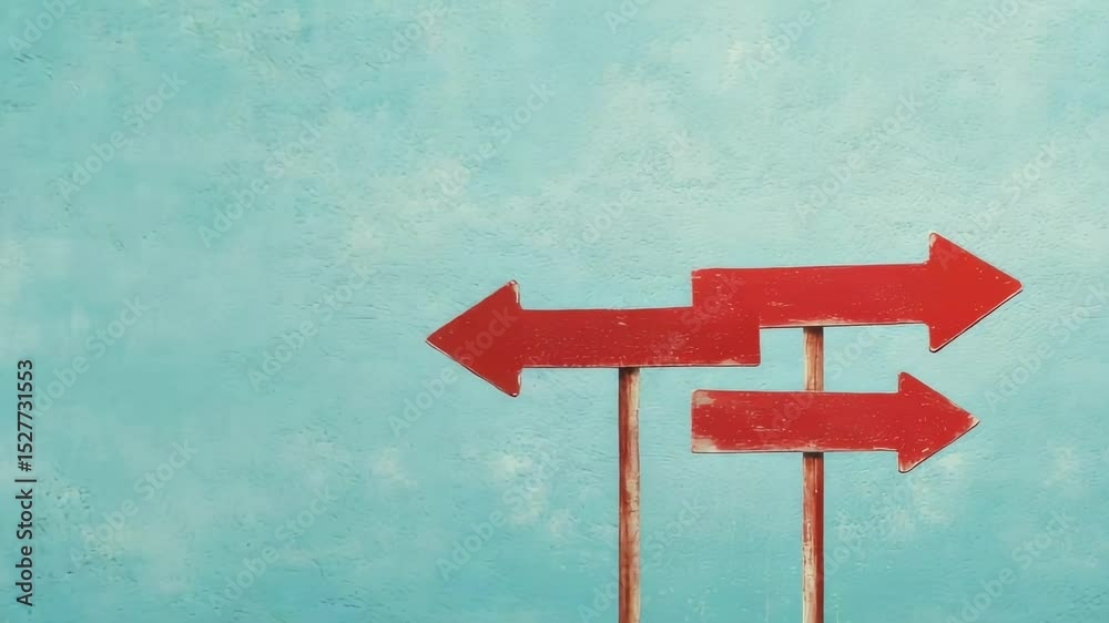 Poster Conflicting directional signs showing contrasting paths, representing decision making challenges and potential career crossroads against textured blue backdrop