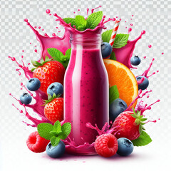 Bottle of pink smoothie surrounded by strawberries, raspberries, blueberries, orange slice, and mint leaves with juice splashes.