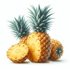 Two whole pineapples and one pineapple sliced in half on a white background. Tropical fruit with spiky green leaves and textured yellow skin.
