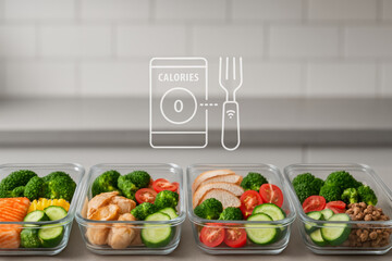 Weight loss transformation concept shown with healthy meal prep and calorie tracking app icon