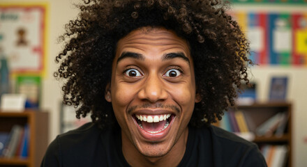 Young man smiling with wide eyes in a classroom environment  