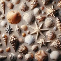 Various seashells and starfish arranged on a flat surface, showing different shapes, sizes, and textures, representing marine life and beach elements.