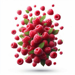 Cluster of fresh red raspberries with green leaves isolated on white background.