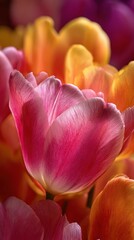 Radiant pink tulip blooms amidst a vibrant floral tapestry