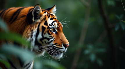 Obraz premium Side Profile of Majestic Tiger with Amber Eye in Lush Jungle, High Detail Wildlife Macro Photography