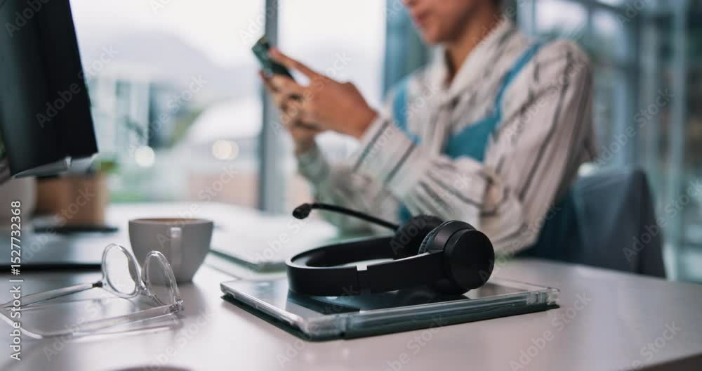 Poster call center, break and person with smartphone, headset or communication with social media or online.