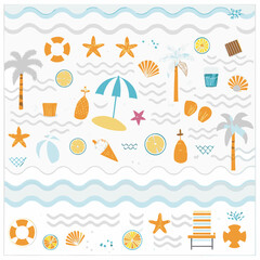 A vibrant vector illustration of tropical beach elements perfect for a summer holiday background, featuring sun, sand, sea, palm trees, and an umbrella