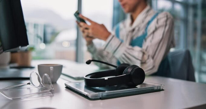 Call center, break and person with smartphone, headset or communication with social media or online. Business, texting and hands with mobile app for message, customer service and typing with tech