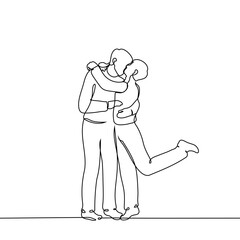 men kissing, one of them raised leg - one line art vector. concept young gay male lovers kissing