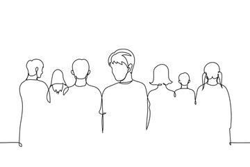 man turned around and looks straight at camera, portrait without face - one line art vector. concept one person notices among crowd of people with their backs turned
