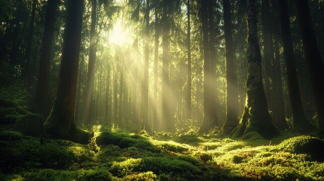 A magical forest illuminated by soft rays of sunlight piercing through towering trees, mist hovering over the moss-covered ground