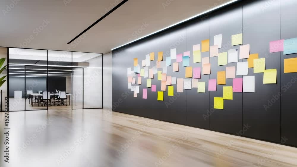 Poster modern office workspace featuring glass partitions, dark accent wall displaying colorful sticky note