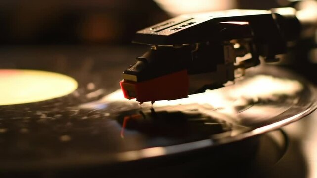 Record player needle on vinyl, playing music, close-up shot, warm lighting, for blogs and websites