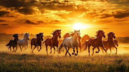 Horses galloping across a golden field at sunset