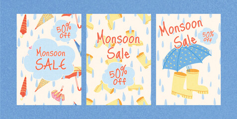 Set of Three Vertical Monsoon Sale Posters. Colorful Umbrellas and Rubber Boots under Raindrops. Text in Cloud Shapes. Flat Hand Drawn Vector Illustration for Seasonal Promotion Design.