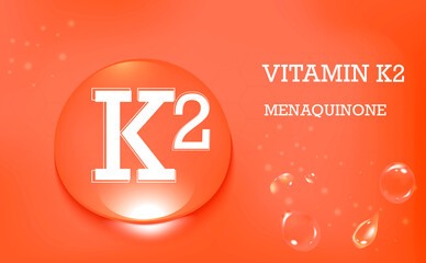 Vitamin K2, menaquinone. Water drops on a pink gradient background. Food supplement and healthy lifestyle. Poster.