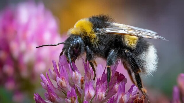 A close-up shot of a bumblebee collecting nectar from a vibrant pink clover flower, showcasing intricate details and textures.