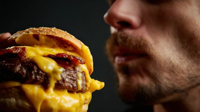 A close-up shot captures a person taking a big bite out of a juicy, cheesy burger with bacon, showcasing the food's deliciousness.